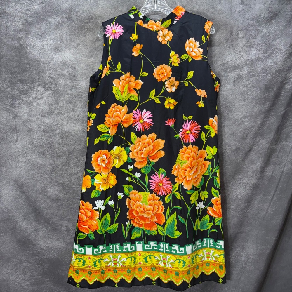 Vintage 60s Janet Lynn Floral Shift Dress Size L Black Orange Mod Bloomcore